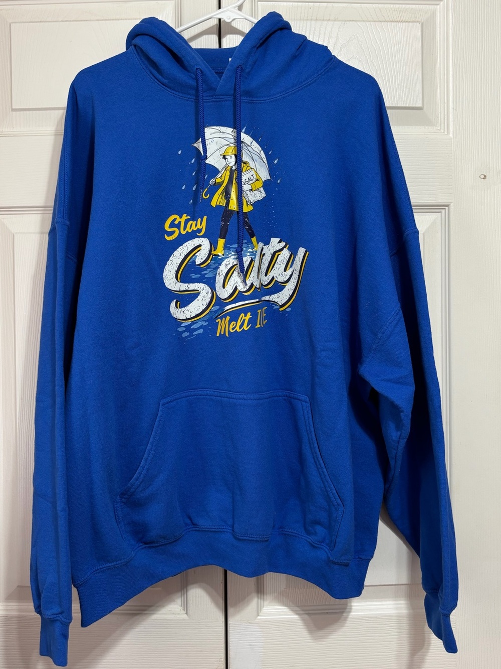 Upcycled Royal Blue "Stay Salty" Graphic Hoodie with Yellow Accents
